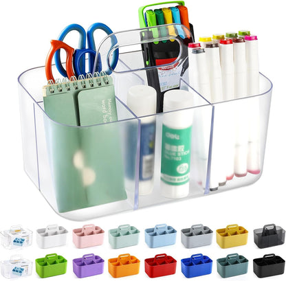 Multiuse Caddy Organizer with Handle, Portable Divided Plastic Tote Bin - Art Craft, Stationary Pen Marker Crayons, Makeup Hair Supplies Storage - Bathroom, Classroom, Dorm, Office, Desk Holder - Grey