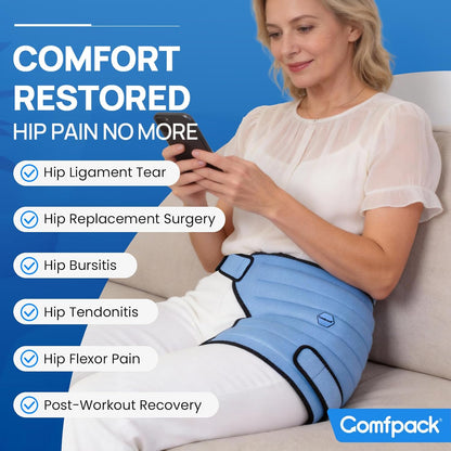 Comfpack Hip Ice Pack Wrap After Surgery, 2 Hours Long Lasting Cold Therapy | Flexible & Evenly Cooling Reusable Ice Pack for Hip Replacement Surgery, Injuries, Sciatica, Bursitis, Hip Flexor Pain, Gift