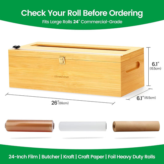 Libreshine 24 Inch Plastic Wrap and Paper Roll Dispenser with Cutter | Bamboo countertop dispenser holds one roll up to 24 inches wide and 5.5 inches in diameter; core opening over 0.8 inch