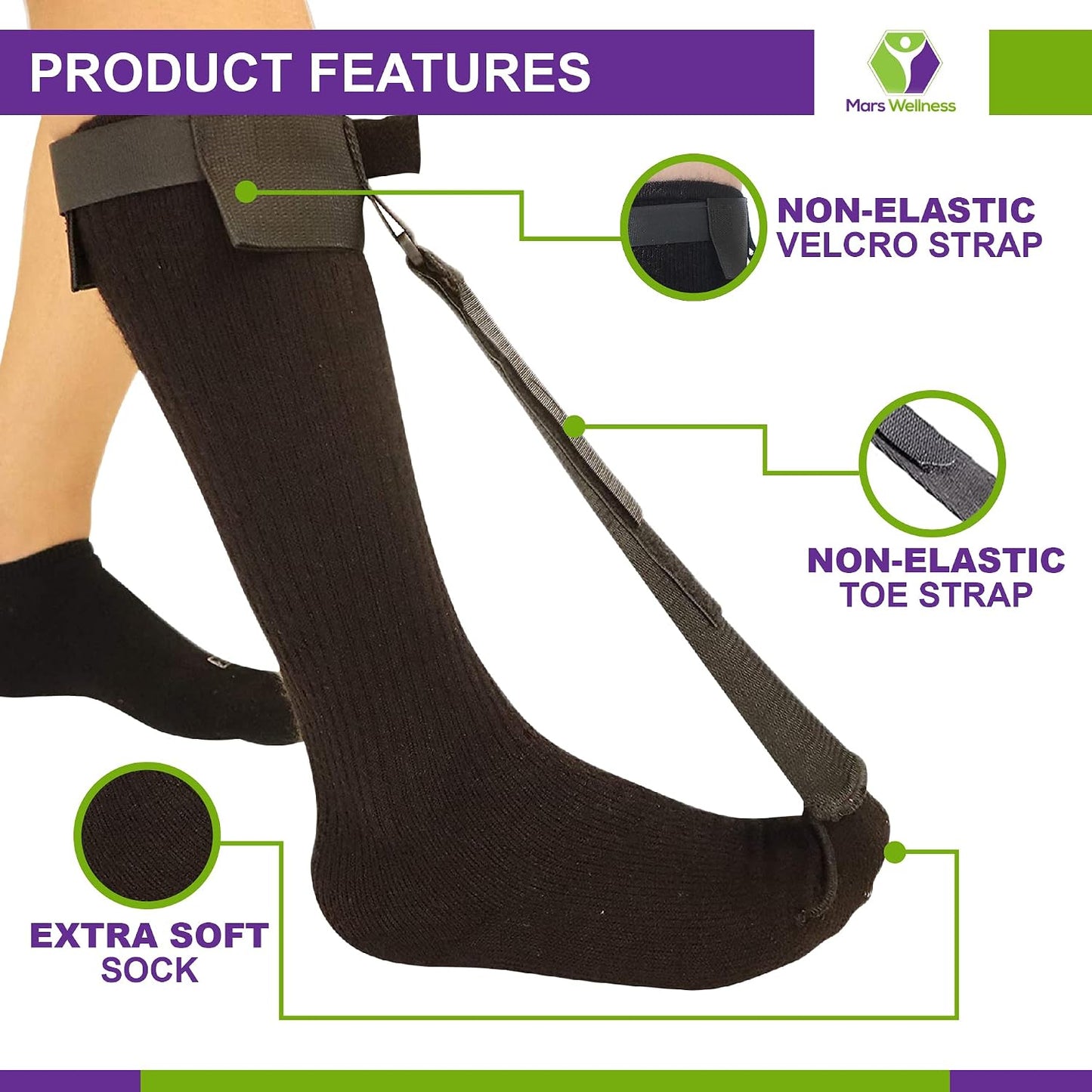 MARS WELLNESS Plantar Fasciitis Stretch Night Sock - For Pain Relief from Plantar Fasciitis and Achilles Tendonitis - Black - XS