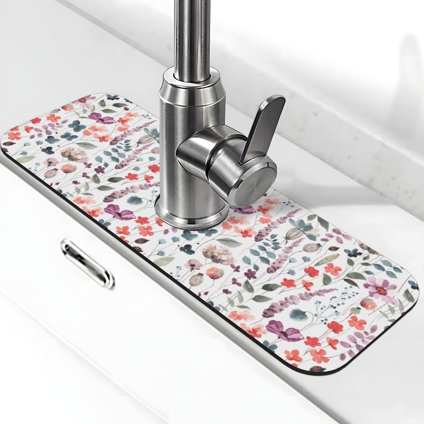 Abstract Flower Blooming Floral Watercolor Kitchen Sink Splash Guard Faucet Mat Super Absorbent Fast Drying Mat Sink Gadgets-Fast Drying Pad Sink Mat For Kitchen Bathroom (15" X 5.5" )