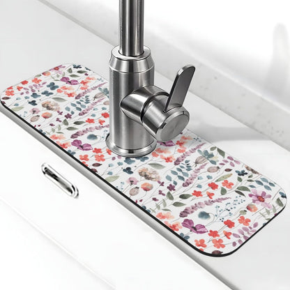 Abstract Flower Blooming Floral Watercolor Kitchen Sink Splash Guard Faucet Mat Super Absorbent Fast Drying Mat Sink Gadgets-Fast Drying Pad Sink Mat For Kitchen Bathroom (15" X 5.5" )