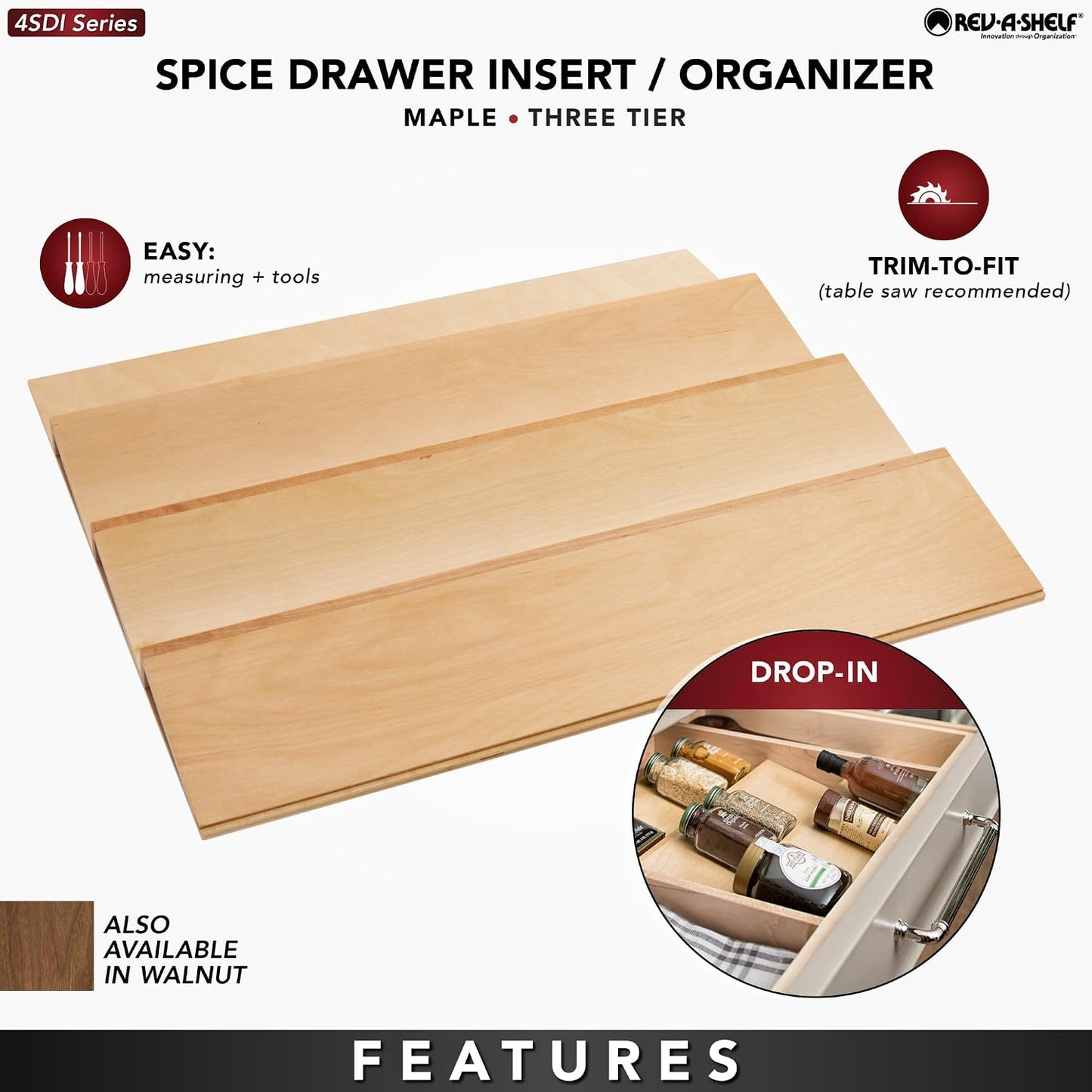 Rev-A-Shelf Walnut Trim-to-Fit Spice Drawer Insert Organizer