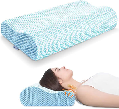 Anvo Memory Foam Pillow, Neck Contour Cervical Orthopedic Bed Pillow for Sleeping Side Back Stomach Sleeper, Ergonomic Design for Neck and Shoulder Pain Relief, Blue White, Firm