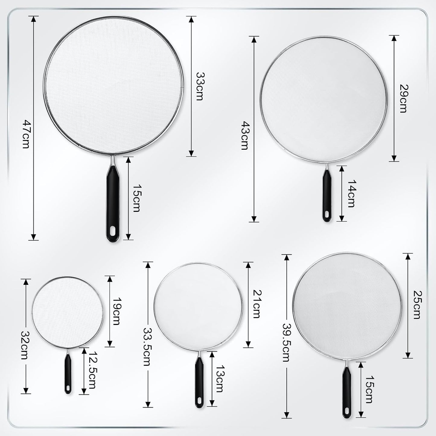Gisafai 5 Pcs Splatter Guard Set for Frying Pan 13'' 11.5'' 10'' 8.3'' 7.5'' Metal Grease Oil Splatter Screen Fine Mesh Cover Stove Oil Guard with Comfort Grip Handle for Most Pan Pot Safe Cooking