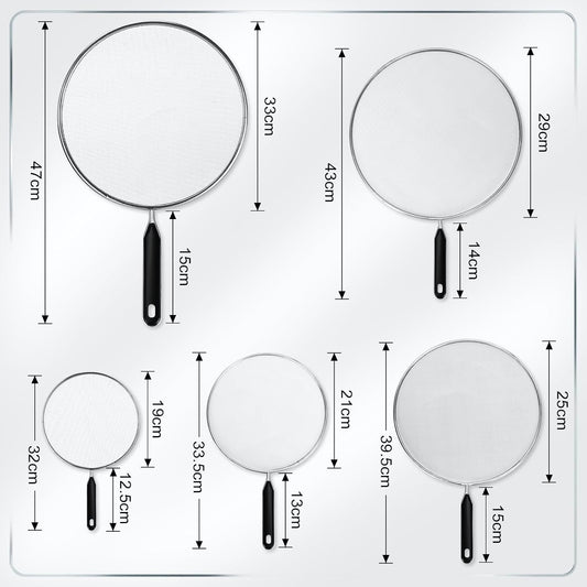 Gisafai 5 Pcs Splatter Guard Set for Frying Pan 13'' 11.5'' 10'' 8.3'' 7.5'' Metal Grease Oil Splatter Screen Fine Mesh Cover Stove Oil Guard with Comfort Grip Handle for Most Pan Pot Safe Cooking