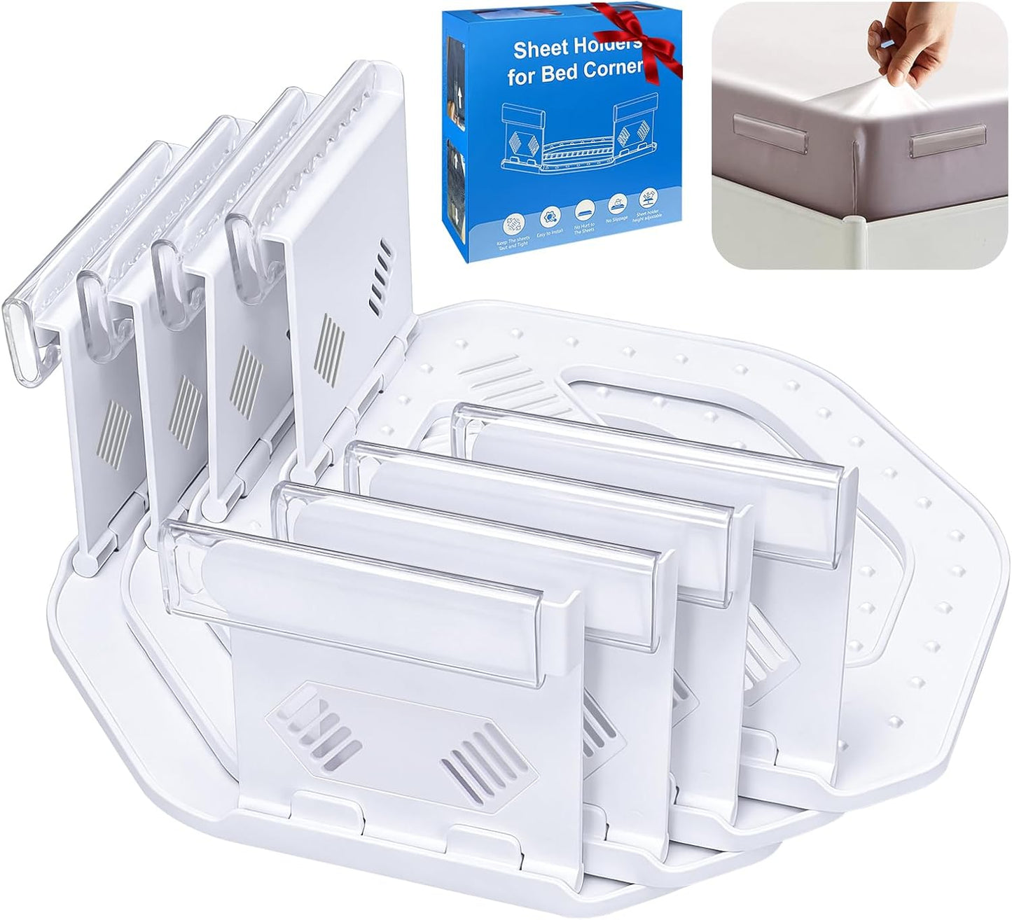 TRELC Bed Sheet Holders for Corners, 4PCS Upgrade Fitted Sheet Holders Keep Sheets Firm & Tight, Easy Install & Foldable Sheet Clips Sheet Straps Fit Various Mattress