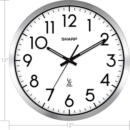 Sharp 12-Inch Atomic Wall Clock, Battery Operated, White with Black Frame | Self-setting atomic time; Easy-read analog face; Automatic time adjustment; Simple setup; Versatile home or office style