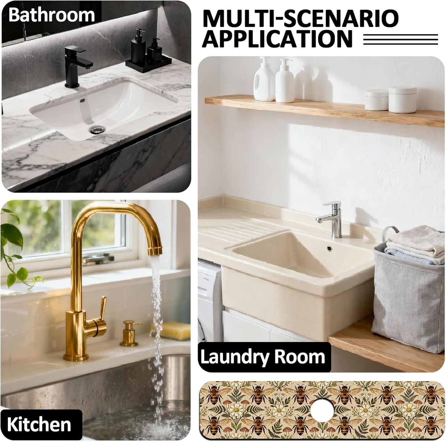 2Pcs Peonies Kitchen Sink Splash Guard Faucet Mat Vintage Florals Faucet Mat For Bathroom Kitchen 5.5x23.6In