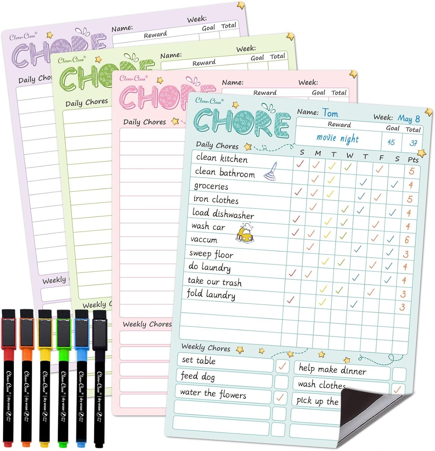 Magnetic Dry Erase Chore Chart - 8.5"x12" Behavior Responsibility Chore Board for Kids, Teenagers - 6 Extra Fine Point Markers Included - Shipped Flat 3 Pcs Blue Pink & Green