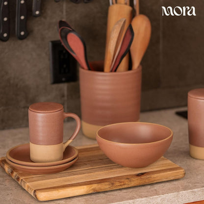 Mora Ceramics Tea Cup with Loose Leaf Infuser, Spoon and Lid, 12 oz, Microwave and Dishwasher Safe Coffee Mug - Rustic Matte Ceramic Glaze, Modern Herbal Tea Strainer - Great Gift for Women, Garnet