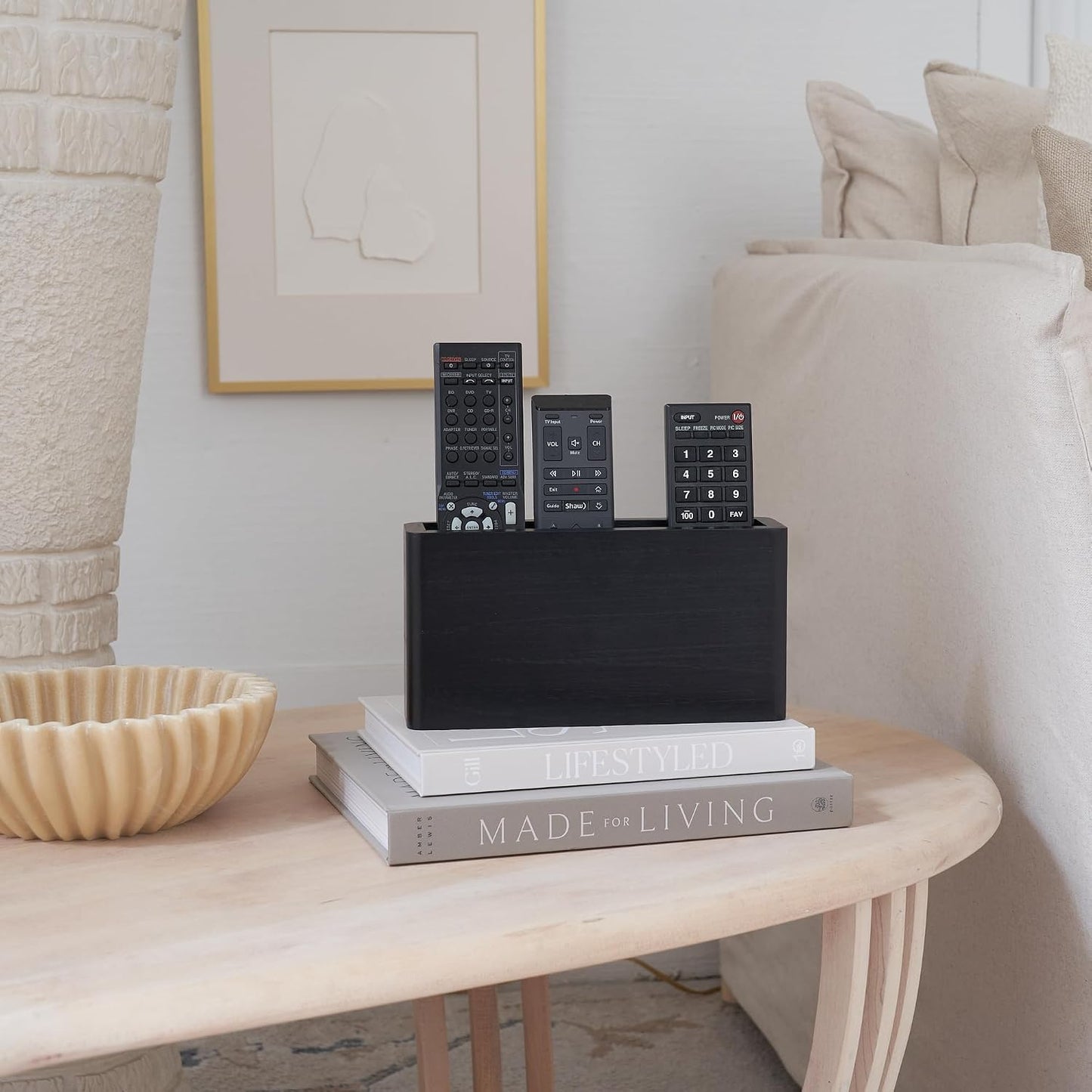 Wooden Remote Control Holder - Adhesive Wall Mount Caddy for 3-4 Remotes | Easy Install Natural Wood Organizer Keeps Them Neatly Organized - Perfect for Any Bed or Living Room Wall