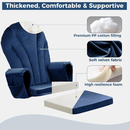 ANMINY 5pcs Glider Rocker Replacement Cushions Set with Ottoman Cushion, 3.5Inch Thickened Velvet Glider Rocking Chair Cushions with 29 inch High Backrest & Side Pockets for Indoor Nursery, Blue