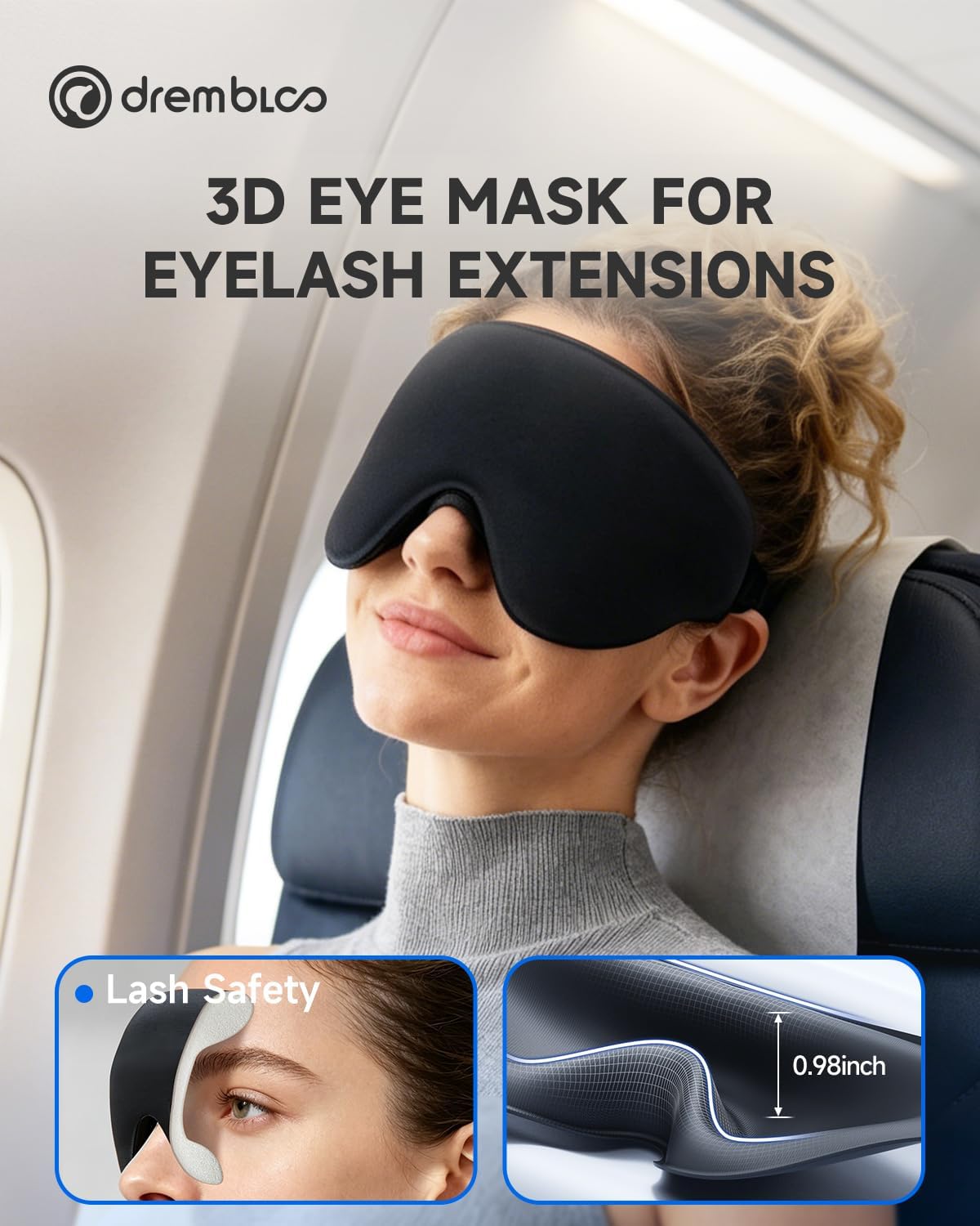 Sleep Mask for Side Sleeper Men Women, 100% Light Blocking Eye Mask for Lash Extensions, Soft 3D Contoured Zero Pressure Blindfold Sleeping Masks for Travel, Breathable Adjustable Eye Cover, Navy