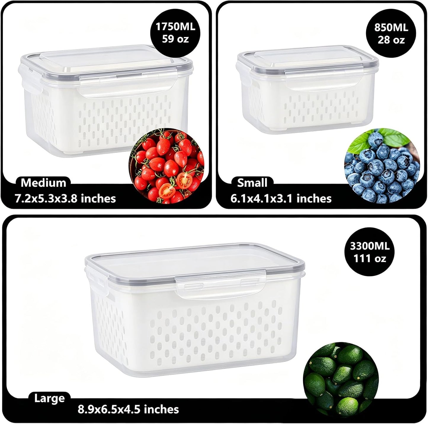 LoveBB 3 Pack Fruit Storage Containers for Fridge, Food Storage Containers with Removable Colander with Lid, Keep Fruits, Vegetables, Berry, Meat Fresh