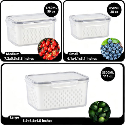 LoveBB 3 Pack Fruit Storage Containers for Fridge, Food Storage Containers with Removable Colander with Lid, Keep Fruits, Vegetables, Berry, Meat Fresh