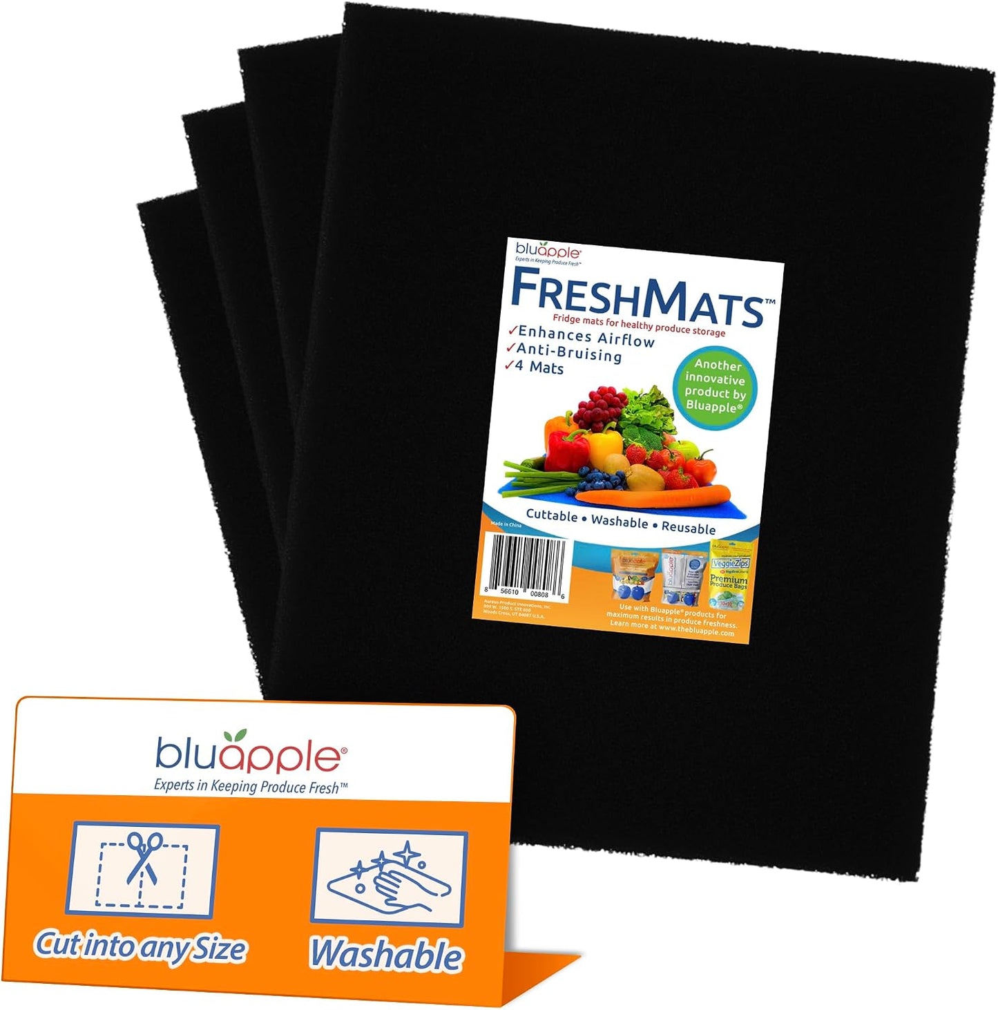 Bluapple FreshMats - Refrigerator Bin Liners, Fridge Drawer Mats - Keeps Produce Fresh Longer, Prevents Bruising, Promotes Air Circulation - BPA-Free Polyurethane Foam - (4-Piece Set, 12"x15", Green)