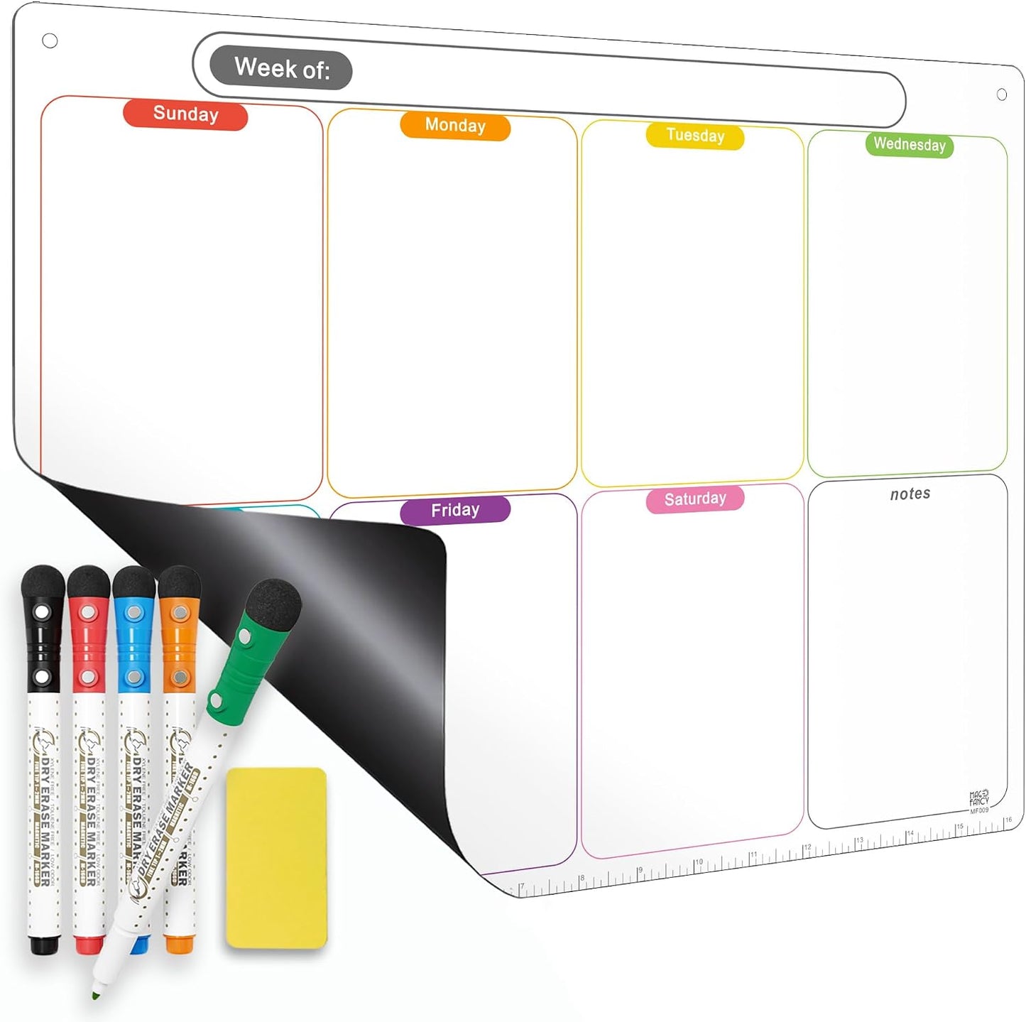 Magnetic Calendar for Fridge, Dry Erase Weekly Planner, 13" x 16.9" | Strong Magnetic Hold, Vertical Weekly Layout, Large Daily Spaces, Easy to Clean, Color-Coded, Dual-Magnet Markers & Eraser