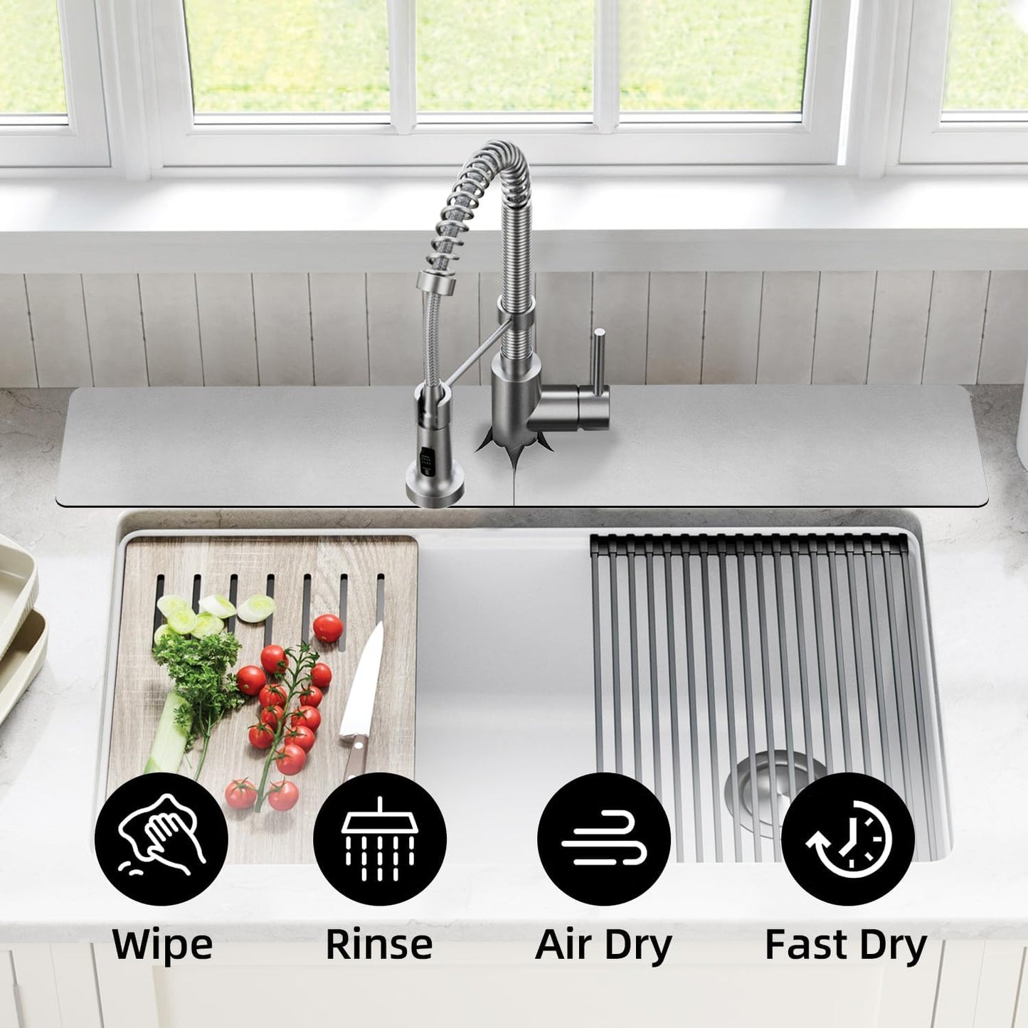 LOPNUR Cuttable Faucet Mat for Kitchen Sink, Extra Long 29 Inch, Black | Super Absorbent & Fast Dry Diatomite Sink Splash Guard, 0.8-2.4 Inch Adjustable Faucet Hole, Cut to Fit Bathroom & RV Sinks