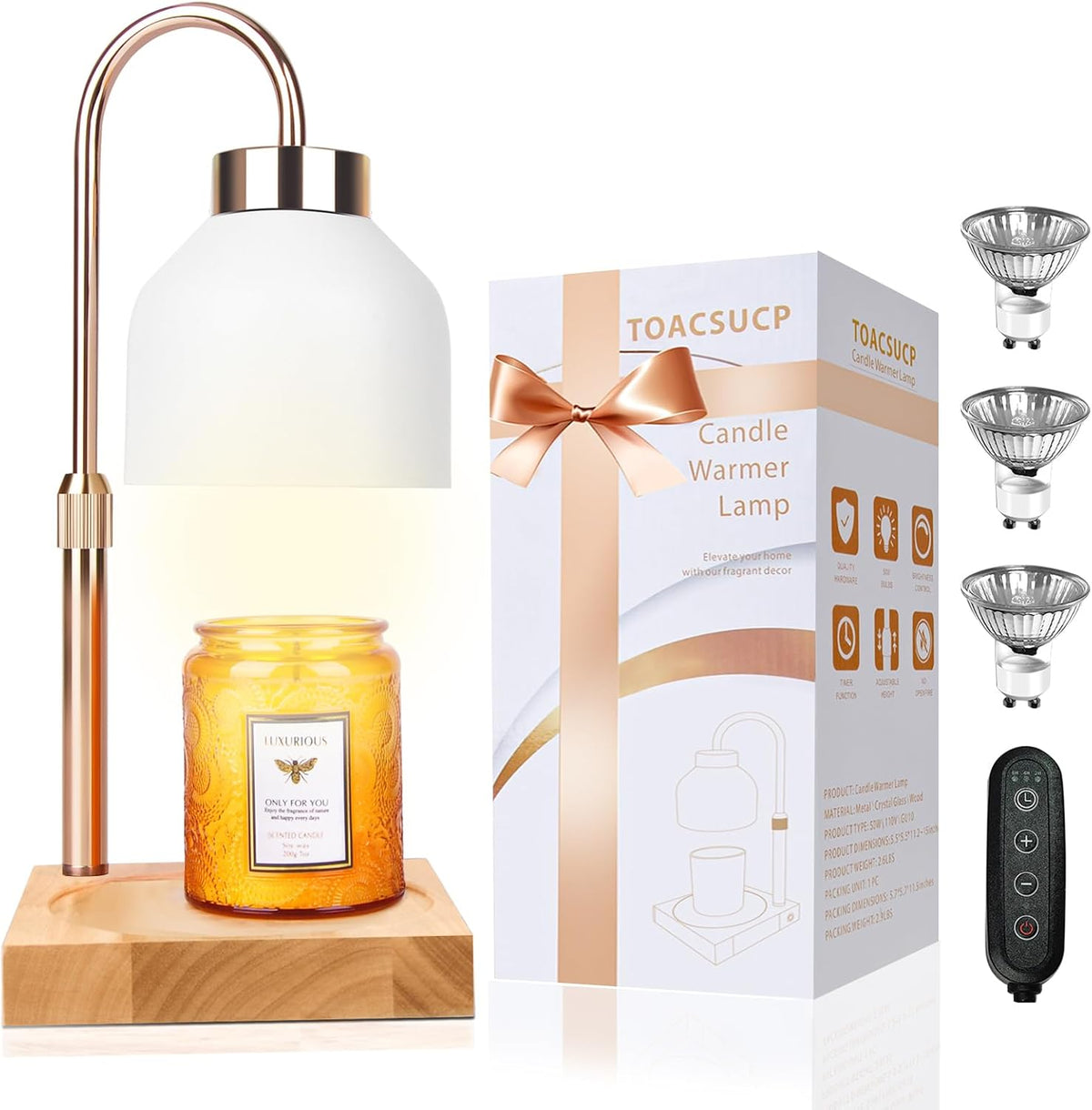 Candle Warmer Lamp with 3 Bulbs, Adjustable Height Dimmable Candle Warmer with Timer, Candle Lamp with Charming Gift Box Ribbon,Birthday Gifts for Women Mom, House Warming Gifts New Home Decor