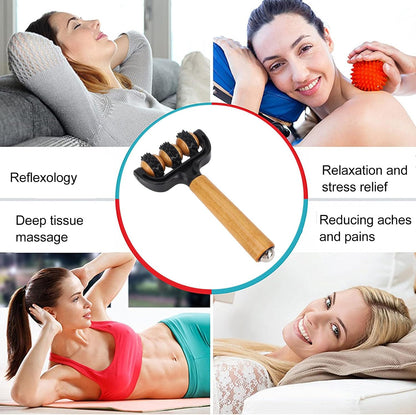 Handheld Spiky Massage Balls Roller, 3 Wheels Spiky Point Muscle Massage Roller with Wood Handle, Muscle Relaxation Tools for Foot Arm Body Neck Leg Pain Pressure Relief