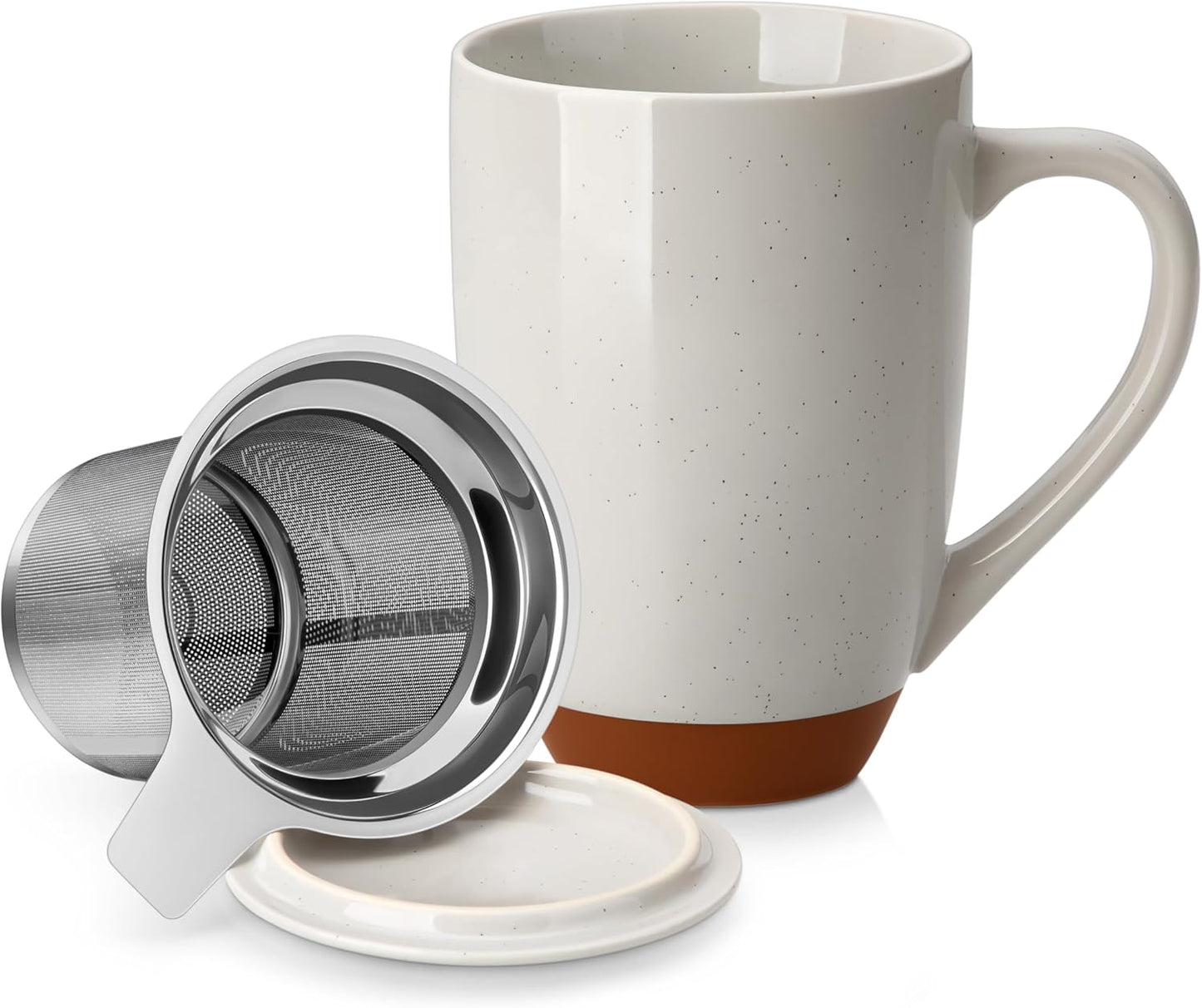 MALACASA Ceramic Tea Mug with Lid and Stainless Steel Infuser, 18 oz Large Tea Cup for Loose Leaf Tea, Heat-Resistant, Microwave & Dishwasher Safe, Speckled Glaze Coffee & Tea Brewer Mug, Khaki Brown