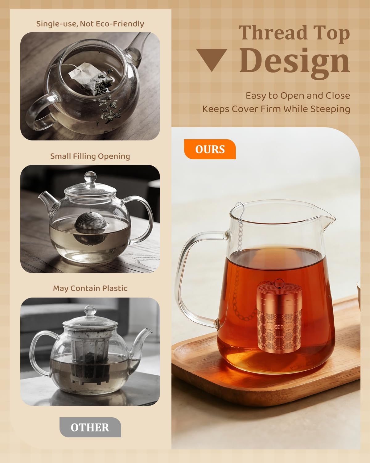 House Again Tea Infusers, Extra Fine Mesh Tea Strainers for Loose Tea, Updated Slim Threaded Lid & 304 Stainless Steel, Filter Bags Diffusers, Loose Leaf Tea Steeper for Brew Tea Spices & Seasonings