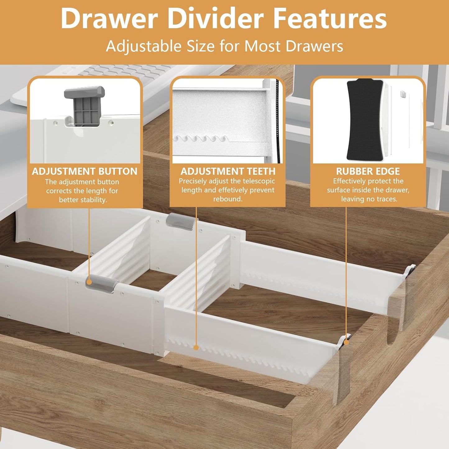 KABUM Upgrade Adjustable Drawer Divider Organizer(2.8 * 11.7-18.5") | Expandable Organization for Home, Office,2.8" High Expandable from 11.7" to 18.5",4 Dividers with 6 Long and 2 Short Inserts