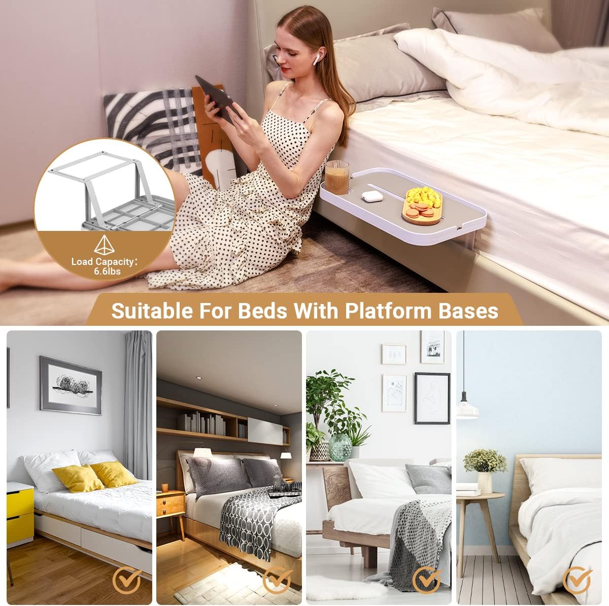 KIWIFOTOS Raised Bedside Shelf for Bed Tray Table Under Mattress | for Box Spring Plate Platform Bed Nightstand Shelf Bedside Caddy College Dorm Room raised bedside table holds up to 6.6 lbs
