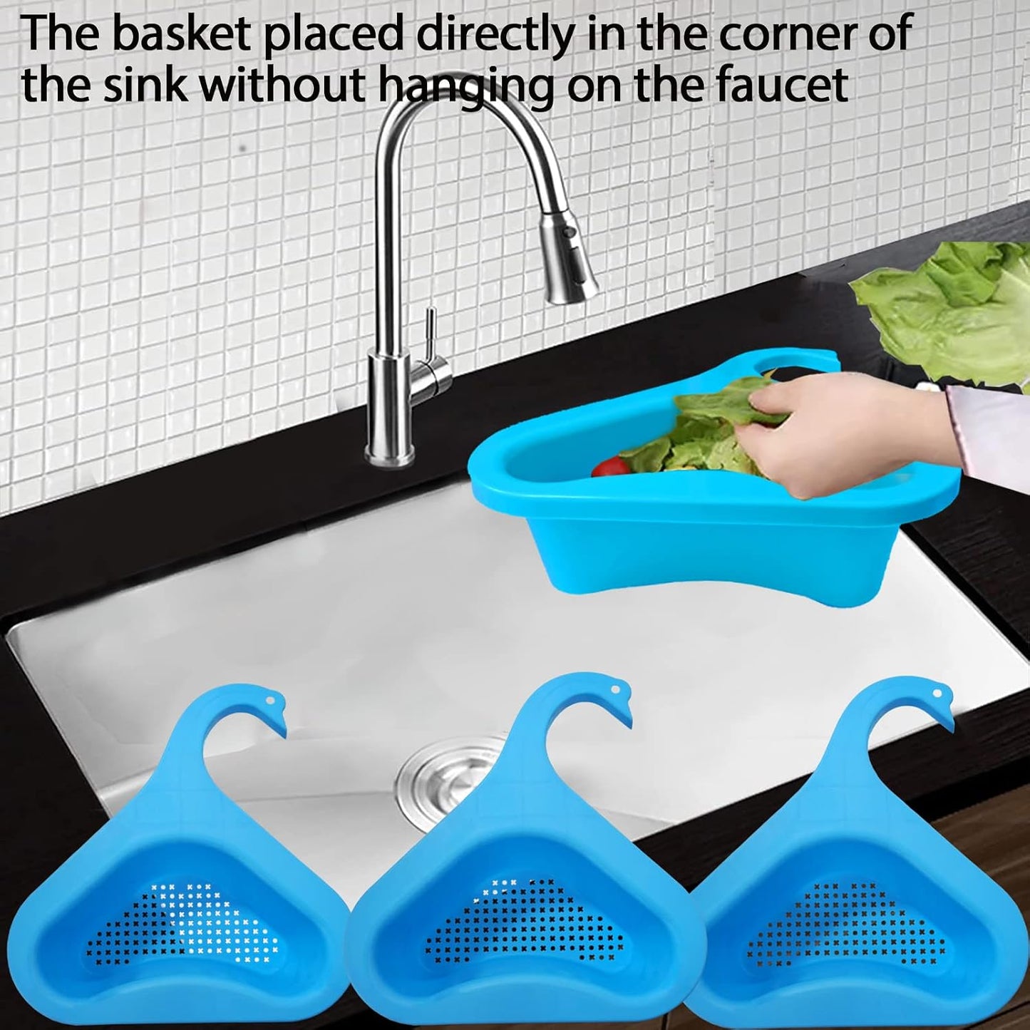 Kitchen sink drain basket swan drain rack, swan drain basket for kitchen sink, multifunctional drainer rack triangle Sink Filter vegetable and fruit drainer basket 4 PCS
