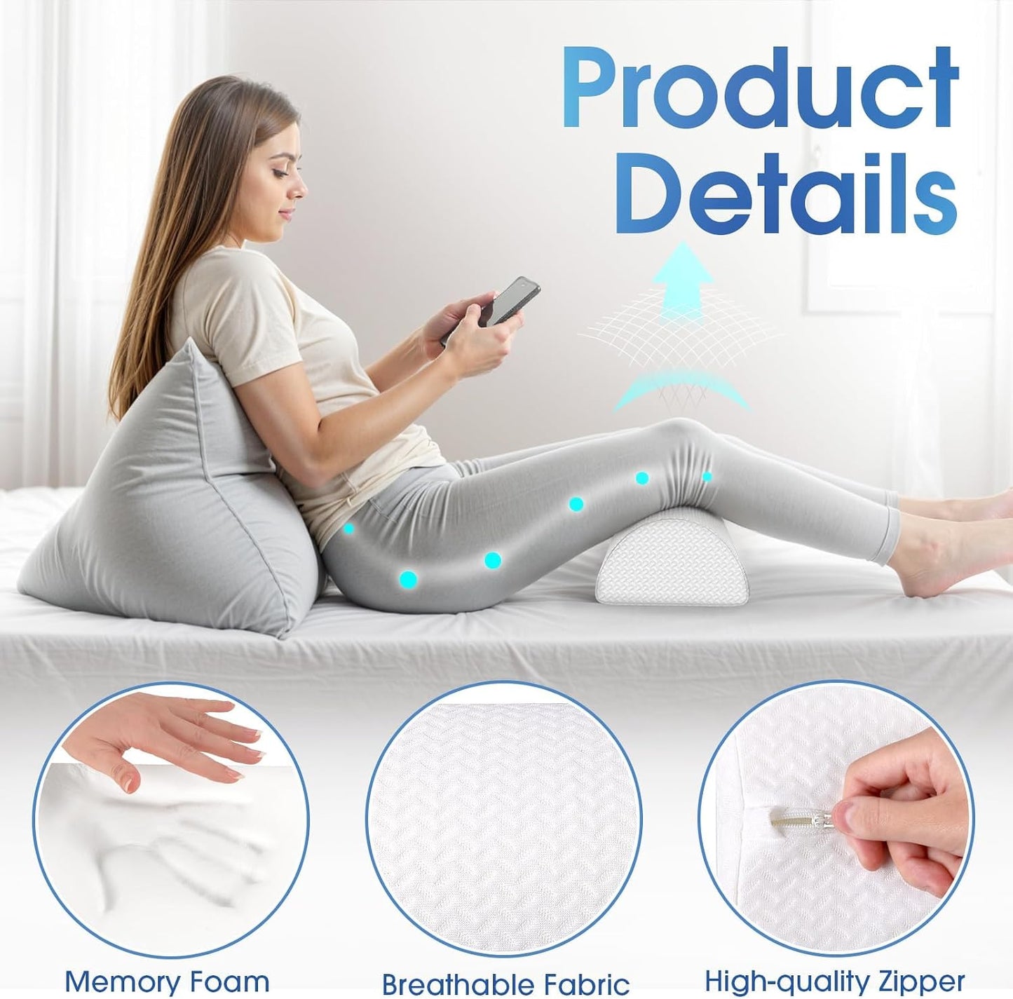 TranquilRelax Knee Pillow for Back Sleeping Memory Foam Half Moon Bolster Pillow for Legs, Under Knee Support, Ankle & Foot Comfort Orthopedic Pillow for Side Sleepers (White, 20.4" x 8" x 4.9")