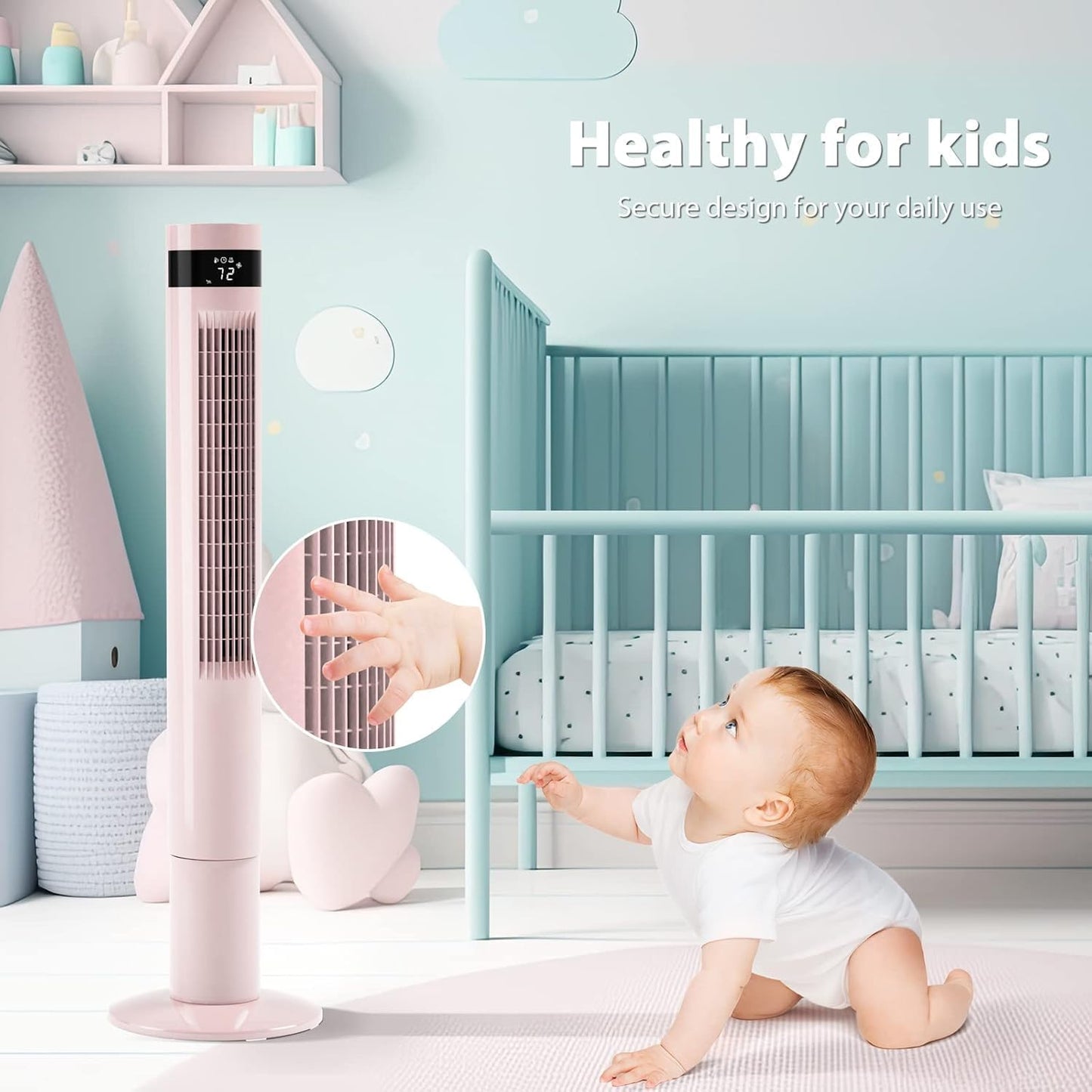 Antarctic Star Tower Fan 85°Oscillating Fan Quiet Cooling 12H Timer Remote Control Bladeless Electric 3 Speeds Wind 3 Modes, 42INCH, PINK