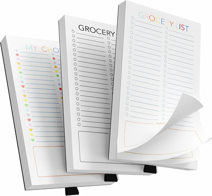 Magnetic Grocery List Pad for Fridge, 3 Pack Notepads | Strong Full Back Magnet with Pen Holder, 3 Pads, 180 Sheets for Grocery Lists, Meal Plans and To Do Lists