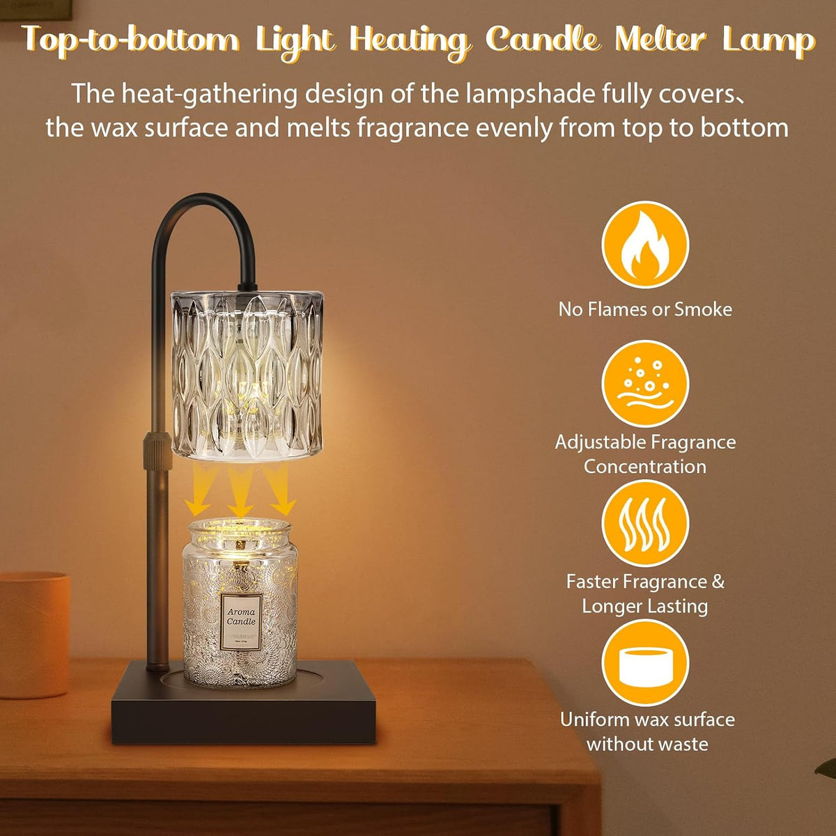Candle Warmer Lamp with Timer, Electric Candle Warmer for Jar Candles, House Warming Gifts, Modern Home Decor Dimmable Wax Melting Lamp with Large Head, Black, Glass
