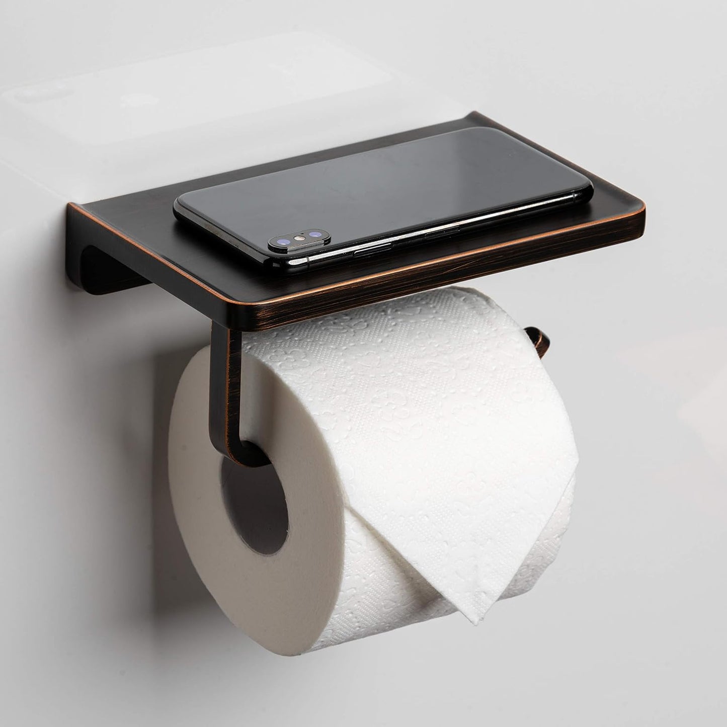 Linkaa Bronze Toilet Paper Holder with Shelf Oil Rubbed Bronze,Wall Mount | Toilet Tissue Roll Holder Dispenser with Phone Shelf Storage holder for Bathroom Kitchen丨Heavy Duty Zinc Alloy Material