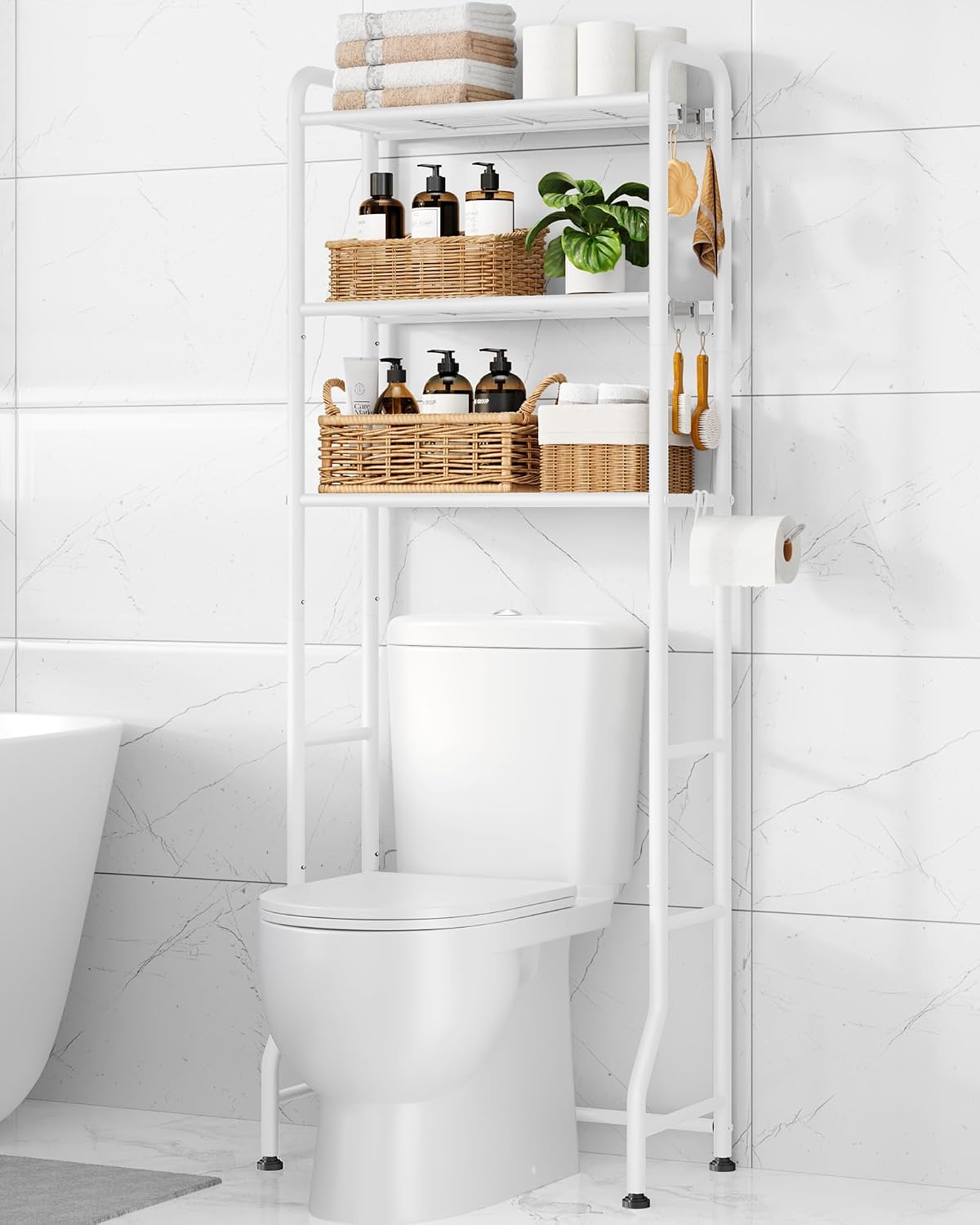 Kitsure Over Toilet Storage Rack, 63.2" H Space-Saving, Holder & Hooks | Bathroom, Laundry Room, Small Spaces, Families, Durable Metal, Black, 3 Tier