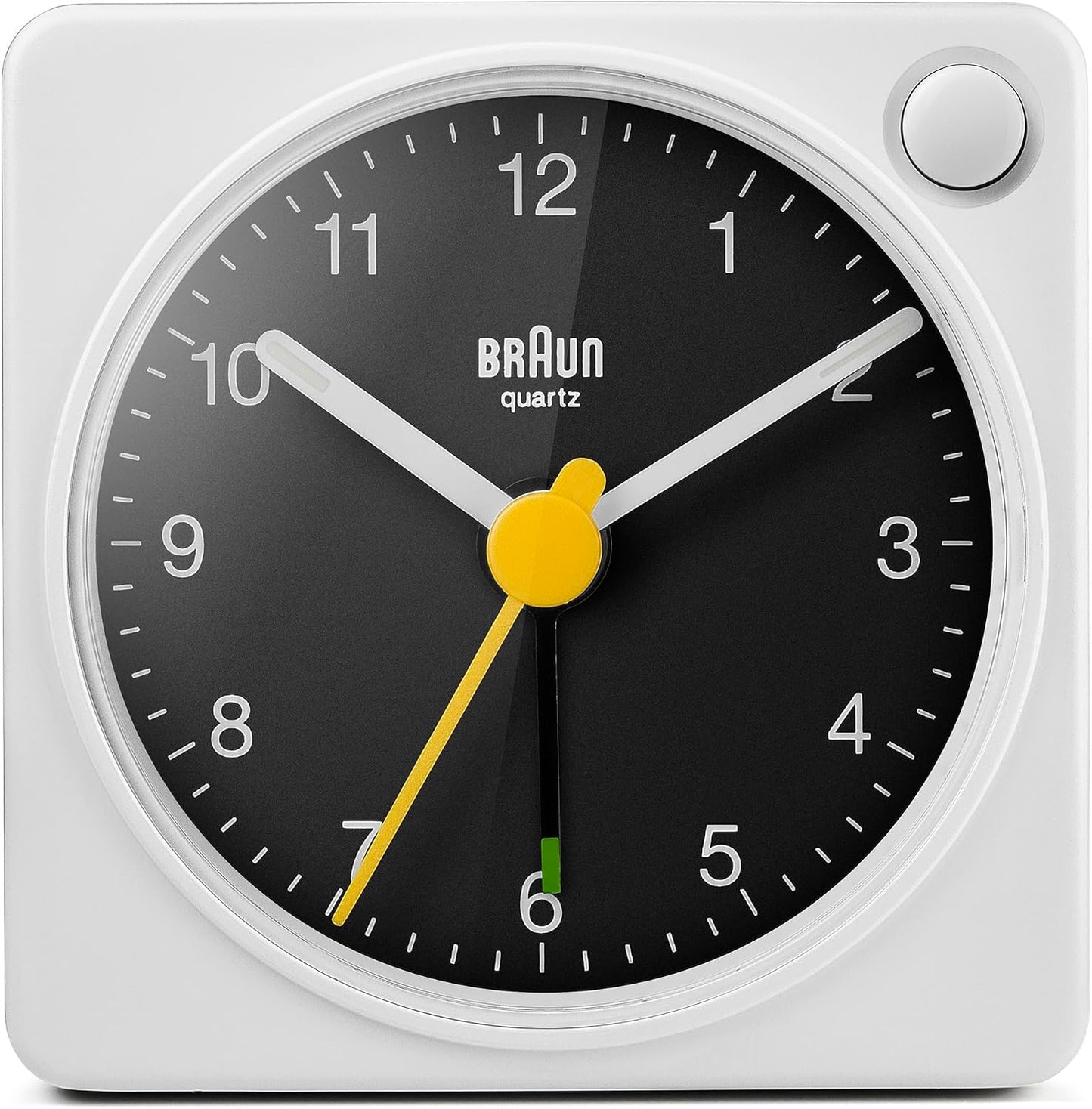 Braun Classic Travel Analogue Alarm Clock with Snooze and Light, Compact Size, Quiet Quartz Movement, Crescendo Beep Alarm in Black and White, Model BC02XBW.