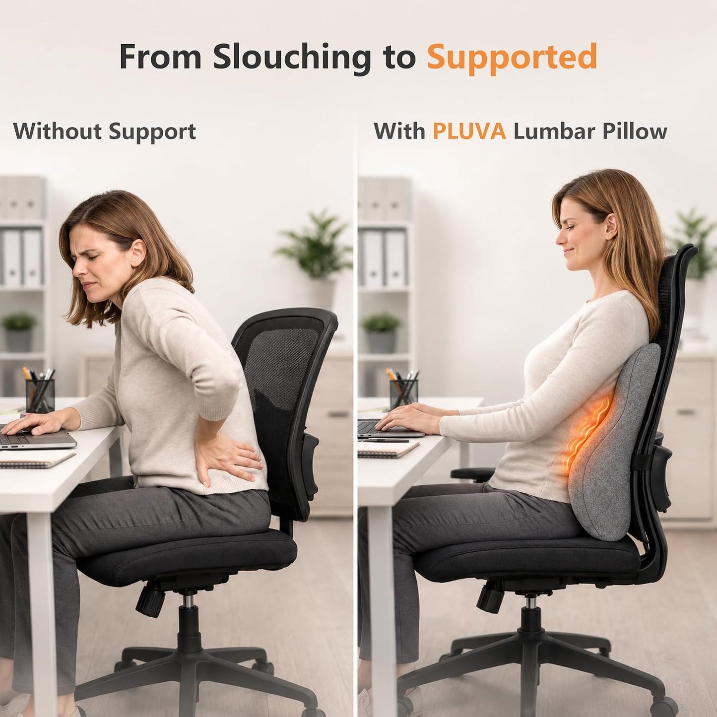 Lumbar Support Pillow with Heat and Vibration Massage for Lower Back Pain Relief & Comfort, Ergonomic Memory Foam Back Cushion with Adjustable Strap for Office Chair, Car Seat and Sofa, Grey