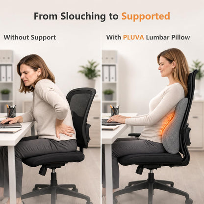 Lumbar Support Pillow with Heat and Vibration Massage for Lower Back Pain Relief & Comfort, Ergonomic Memory Foam Back Cushion with Adjustable Strap for Office Chair, Car Seat and Sofa, Grey