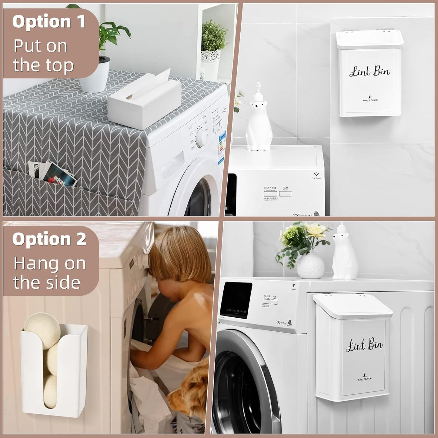 SUBEKYU Magnetic Lint Bin and Dryer Sheet Holder Set for Laundry Room,White | Wall Mounted Metal Lint Box Holder Trash Can,Lint Basket for Laundry Room Organization and Storage Decor