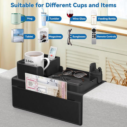 Couch Arm Cup Holder CLESOO Couch Arm Tray Anti-Slip Couch Cup Holder Silicone Sofa Armrest Tray Dual Side Pocket Couch Drink Holder Sofa Caddy Arm Remote Holder Snack Caddy with Phone Holder Blue