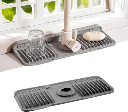 ZJWZLG Faucet Mat for Kitchen Sink, 14"X5.5" Silicone Sink Splash Guard , Snap-On Design & 7°slope Fast Drain, Folding Sink Faucet Mat for Universal Kitchen Bathroom Sink(Grey)