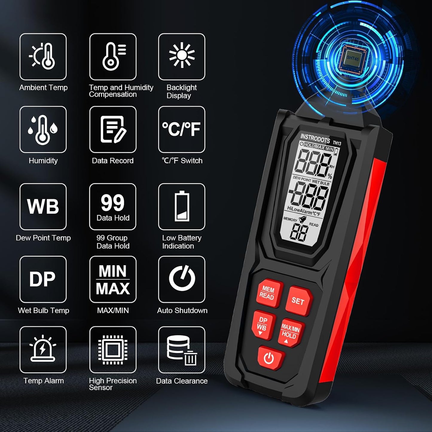 Temperature Humidity Meter, High Precision Thermometer Hygrometer with Ambient, Dew Point, Wet Bulb Thermometer, Dual Display Temperature & Humidity with LCD Backlight, TH10