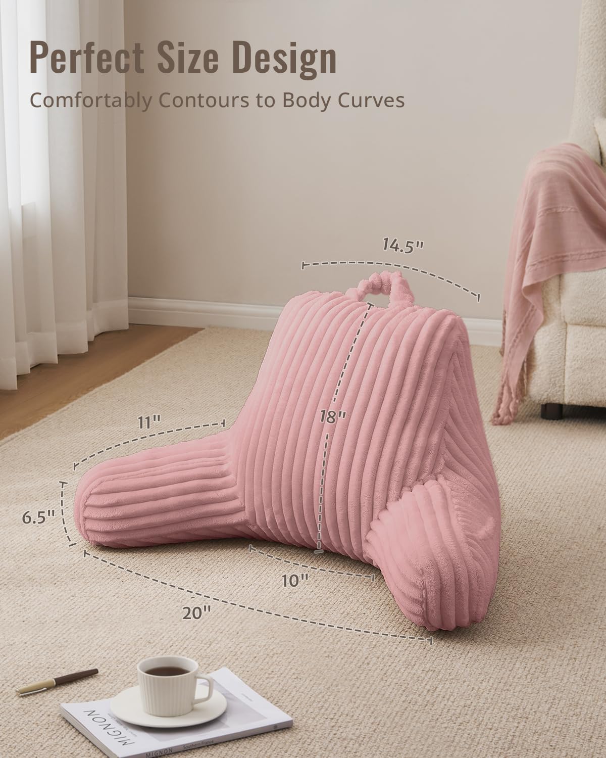 Blissful Diary Reading Pillow, Backrest Pillow with Shredded Memory Foam for Adult & Children, Designed for Bed and Couch Sitting Up, Includes Arms, Pockets and Washable Cover, Off White
