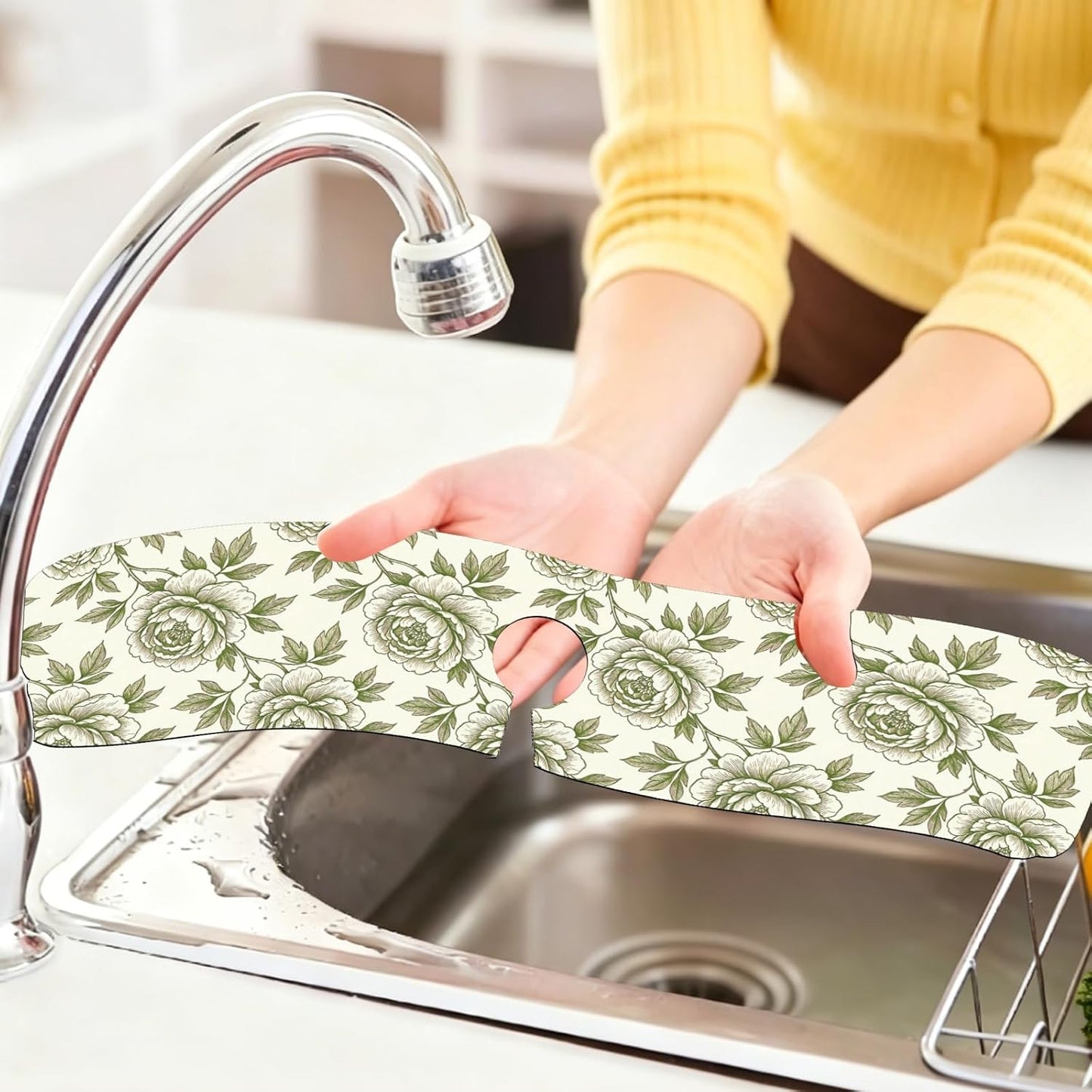 2Pcs Peonies Kitchen Sink Splash Guard Faucet Mat Vintage Florals Faucet Mat For Bathroom Kitchen 5.5x23.6In