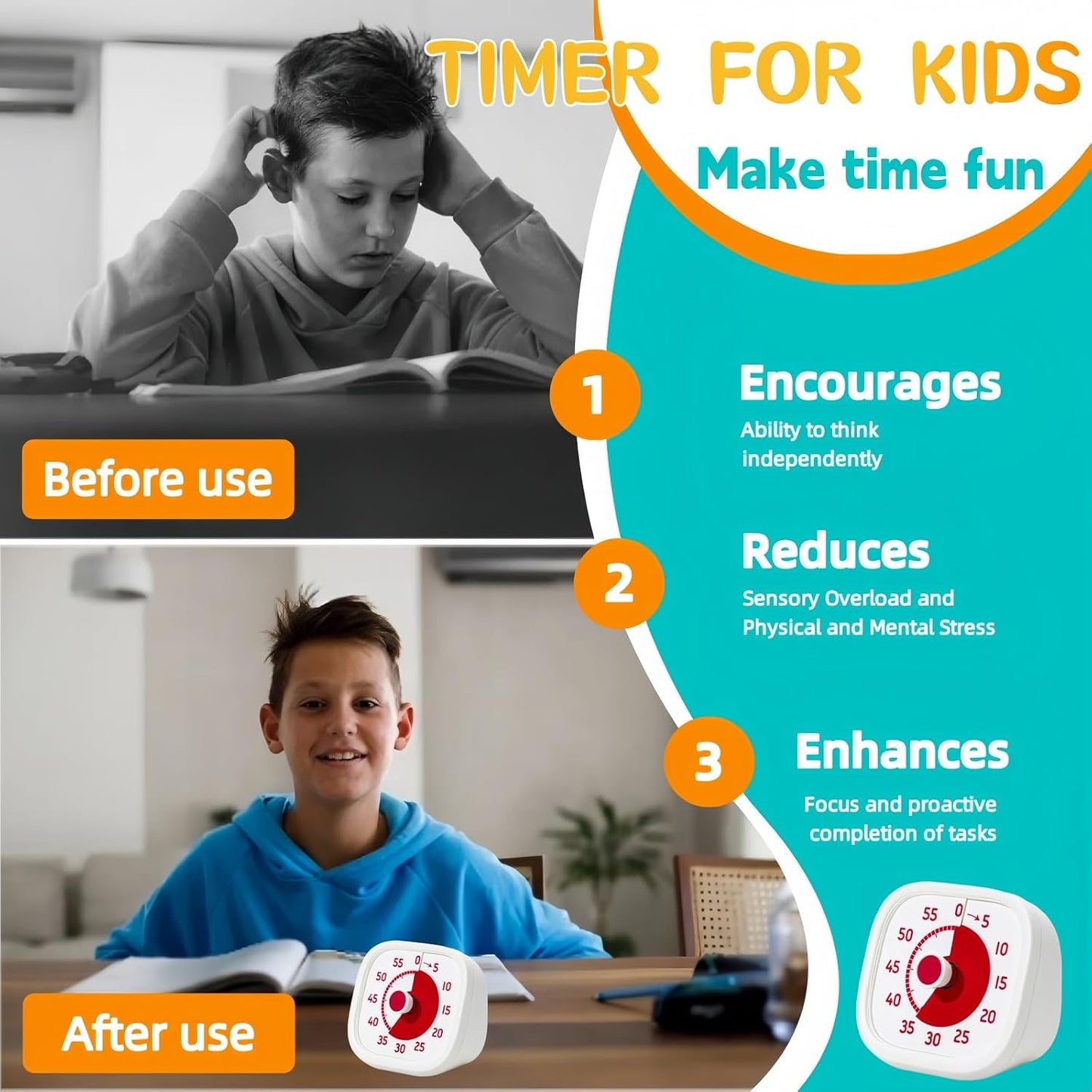 Visual Timer for Kids - 60 Minute Visual Kids Timer for Classroom Home Office, Countdown Timer for Cooking Teaching Working Meeting (Orange)