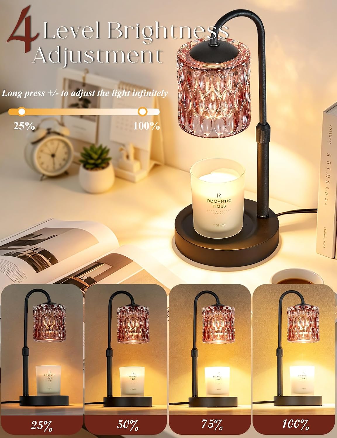 Briever Dimmable Candle Warmer Lamp with Timer, Height Adjustable Electric Candle Wax Warmer, Christmas Birthday Gifts for Women Mom, House Warming Gifts New Home Room Decor, Black Solid Wood Base