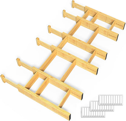 SpaceAid Bamboo Drawer Dividers with Inserts and Labels, Kitchen Adjustable Drawer Organizers, Expandable Organization for Home, Office, Dressers and Bathroom, 6 Dividers with 12 Inserts (17-22 in)