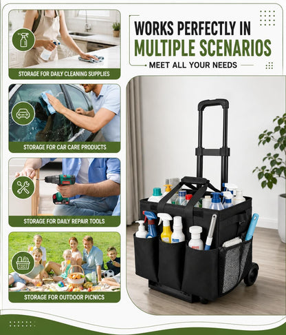 Cleaning Tools Cleaning Caddy with Wheels and Cleaning Apron, Large Rolling Cleaning Caddy Bag with Detachable Trolley, 6PCS Crevice Cleaning Brush Set, Adjustable Shoulder Strap & Multiple Pockets