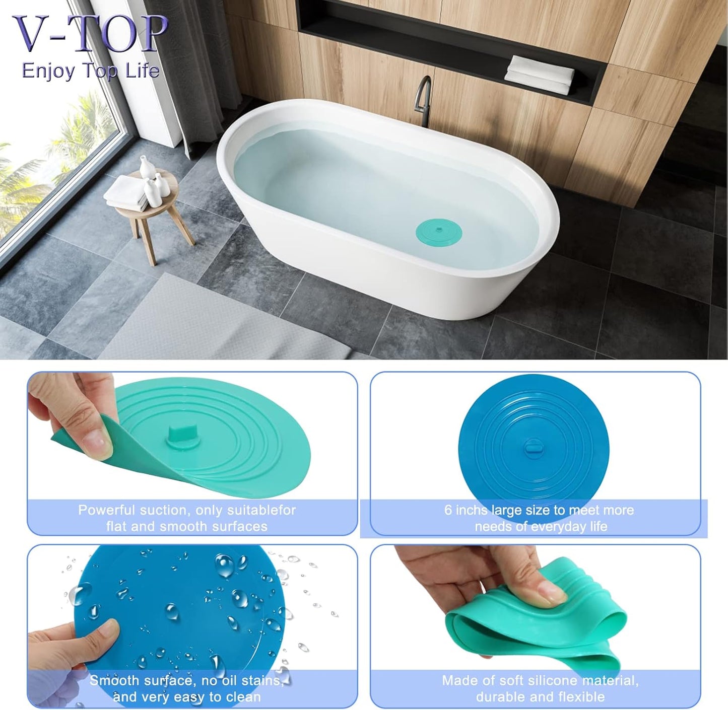 Shower Drain Hair Catcher Tub Stopper, V-TOP Drain Cover for Shower to Catcher Hair, Silicone Bathtub Drain Plug Suit for Bathroom Kitchen and Laundry, 4 Pack